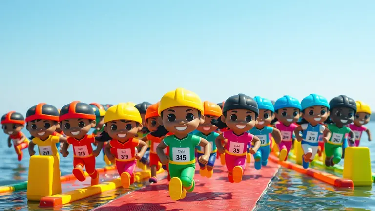 Twenty toy racers in bright kit colours sprint toward the camera